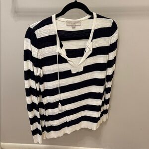 LOFT Women's Navy and White Striped Long Sleeve Top